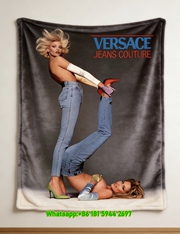 Versace Jeans Couture Blue Denim Multicolor Print Flannel Throw Blanket Luxury Sofa Cover Blanket IMG_1724